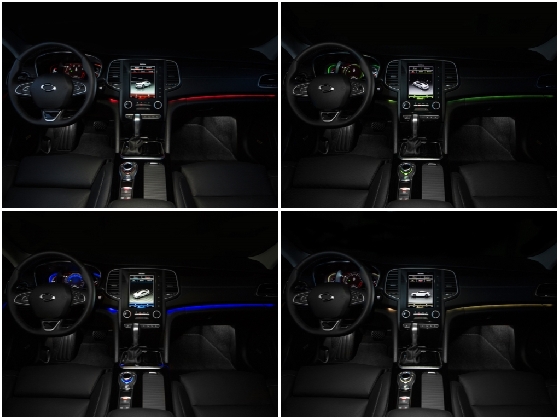 르노삼성 SM6의 멀티센스를 통해 주행모드를 바꿀 경우 실내를 장식하는 빛도 함께 변한다. (왼쪽 위부터 시계방향으로) △스포츠 △에코 △뉴트럴 △콤포트 모드 선택시 내관./사진제공=르노삼성자동차
