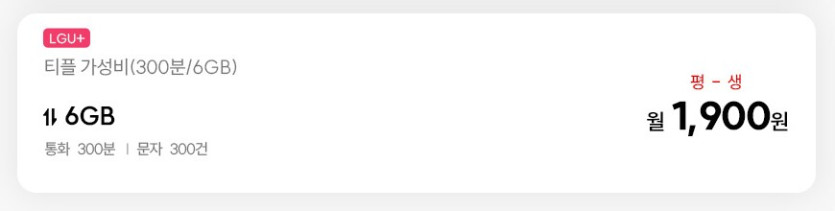 [알뜰통신사] 티플러스 300분/6GB 평생요금 월 1,900원_1.png