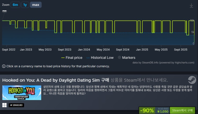 [스팀] Hooked on You 데바데 연애시뮬 / 1050원(-90%)_1.png
