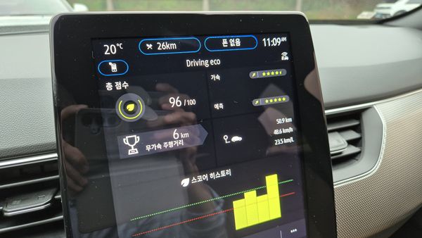 아르카나 하이브리드를 주행한 후 기록한 연비가 9.3인치 오픈R링크 내비게이션 화면에 표시돼 있다. / 사진=최동훈 기자