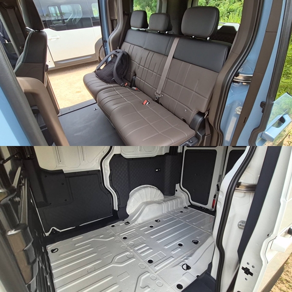 PV5 패신저 모델(위)과 카고 모델의 1열 뒤 공간 전경. / 사진=최동훈 기자