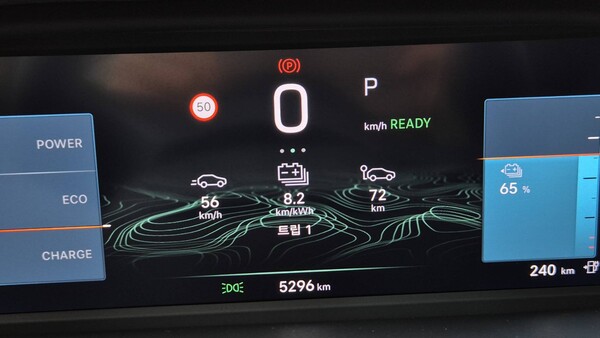 지프 어벤저를 72km 시승한 후 계기반에 전비 8.2km/kWh가 표시돼 있다. / 사진=최동훈 기자